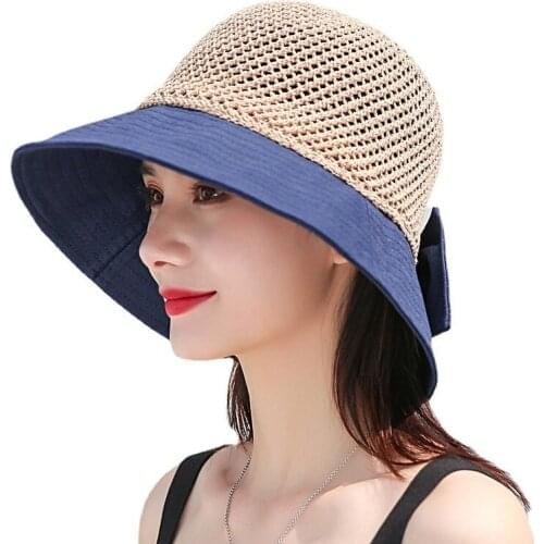 Women Mesh Sun Visor Bowknot Sunscreen Bucket Cap Beach Pool Floppy Dress Sun Cap Casual Vintage Cooling Straw Hat