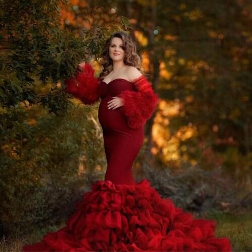 Modern Burgundy Mermaid Pregnant Evening Dresses Off the Shoulder Ruffles Tier Bottom Formal Evening Gowns