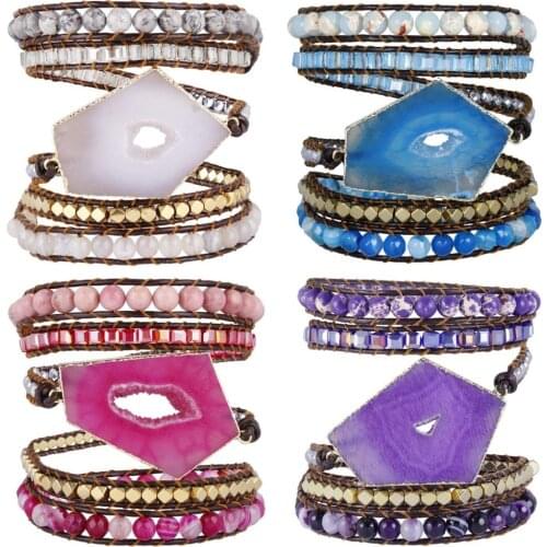 SUNYIK Wrap Bracelets Onyx Beads Bohemian Woven Leather Friendship Bangle,Healing Geode Onyx Slices Stone Jewelry for Women