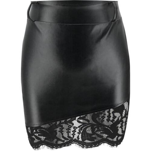 Free shipping Women clothes Sexy PU Leather Lace High Waist zipper Bodycon Casual Party Pencil Polyester Mini Skirts one pieces