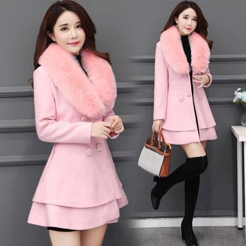 Br Autumn Winter Long Wool Coat Women Ruffles Wool Blend Coat and Jacket Removable Fur Collar Wool Women Coat Outwear