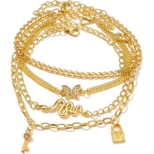 Beach Butterfly Anklet Alloy Snake Crystal Key Lock Pendant Multilayer Anklets 4-piece Set Women Foot Ornament Jewelry