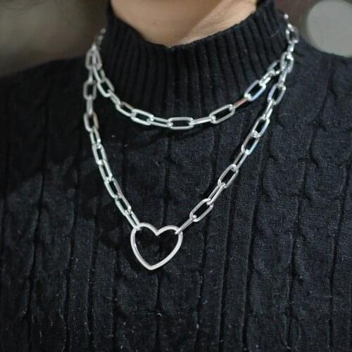Punk Solid Color Double Chains Hollow Metal Heart Love Pendent Necklace Hyperbolic Necklace for Women Men Girl Neck Jewelry Gift