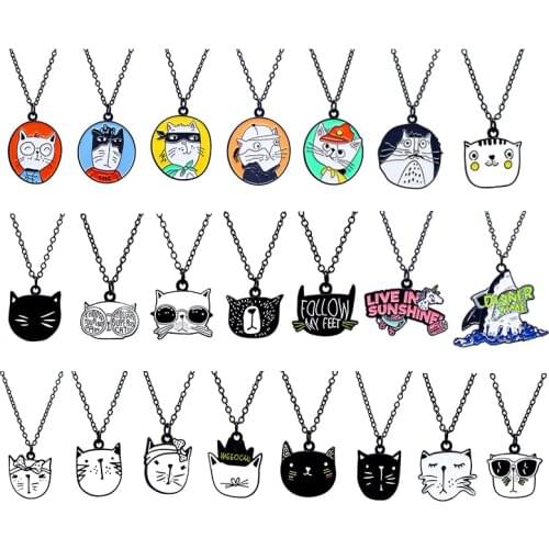 Cartoon Black and White Cat Animal Necklaces Pendants Enamel Cat Pegasus Horse skating Shark Necklace Women Kids Jewelry Gifts