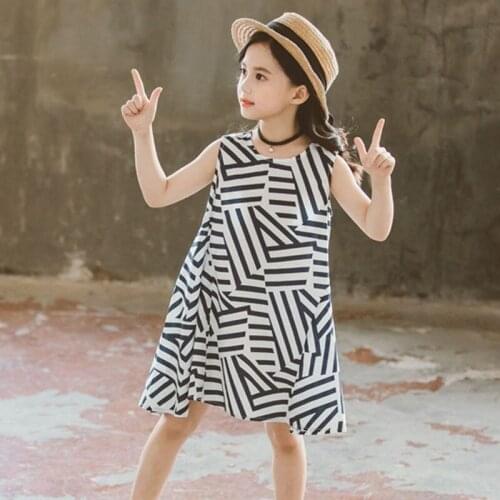 Kids White Striped Summer Dresses Clothing For Teeange Girls Sleeveless Cotton A Line Beach Dress Baby Children Holiday Dresses