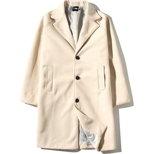 Mens Woolen Coat Solid Color Single-Breasted Lapel Long Casual Windbreaker Size M-5XL