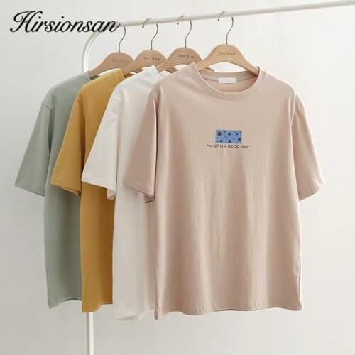 Hirsionsan Khaki Cotton T Shirt Women 2020 Summer New Korean Printed Soft Tshirts Casual Straight Tees Harajuku Loose Girls Tops