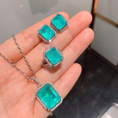 QTT HOT New Arrivals Genuine 925 Sterling Silver Jewelry Set Shiny Tourmaline Gemstone Square Necklace Earrings Ring Party Gift