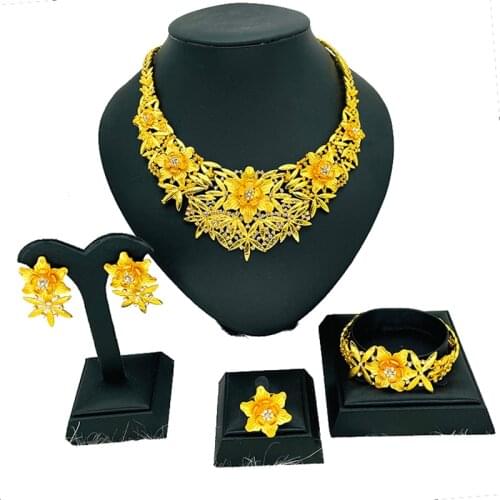 Dubai gold color jewelry sets for women bridal wedding flower gifts necklace bracelet earrings ring collares jewelry African set