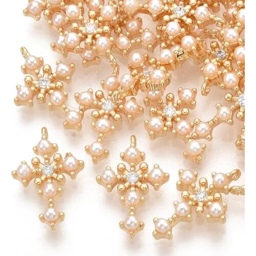 30pcs Cross Brass Micro Pave Cubic Zirconia Pendants with Acrylic Beads for DIY Jewelry Making Accessories 15.5x10x3mm