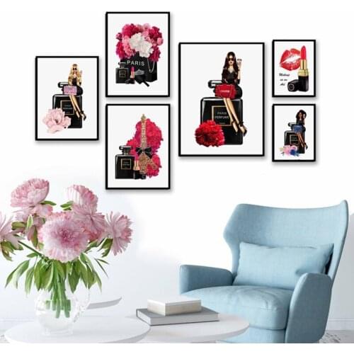Fashion Girl Paris Perfume Lipstick Flower Wall Art Canvas Painting Nordic Posters And Prints Wall Pictures Cosmetic Decoration