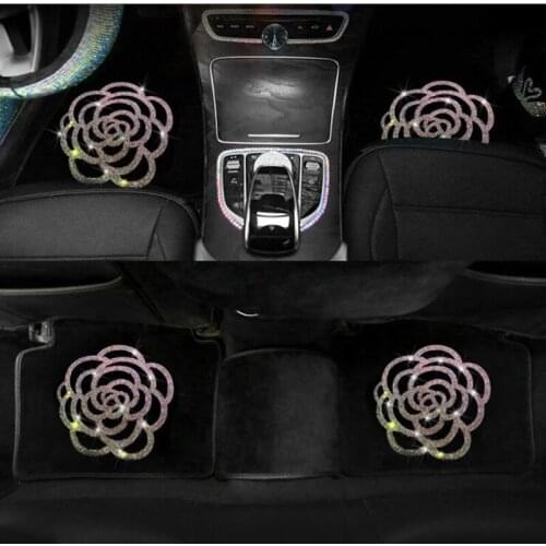 Camellia Series Fashion Trend Car Velvet Foot Mat Carpet Type Universal Waterproof Ladies Colorful Rhinestones Car Foot Pad
