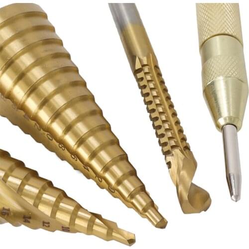 3-13 -20 4-32mm Titanuim Coated HSS Step Drill Bits Set with Center Punch Drill Wood Metal Cone Drill Bit Hole Cutter Set