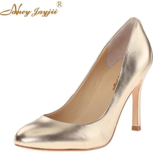 2019 High Heels Round Toe Golden Pumps Ladys Women Work Shallow Shoes Woman Zapatos Mujer Tacon Large Size 5 14 16 Dress 12cm