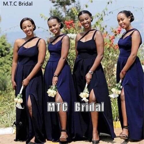 Wholesale Navy Blue Bridesmaid Dress One Shoulder Said Slit Sexy Black Girls Wedding Party Dresses Plus Size Maid Of Honor Gown