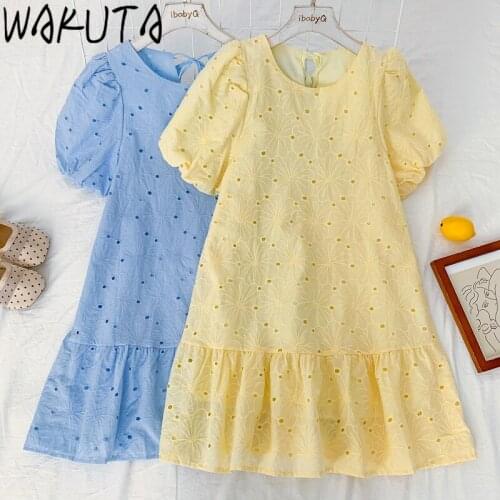 WAKUTA Sweet Candy Color Womens Dresses 2021 Summer Japan Korea Summer Hook Flower Hollow Chic Girls Puff Sleeve Short Dresses