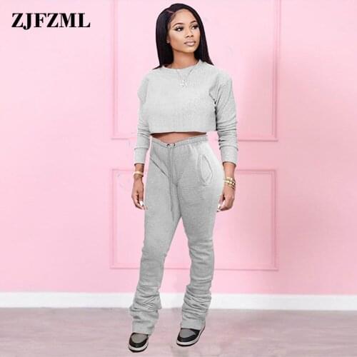 Casual Sportswear Two Peice Set Women Pink Long Sleeve Loose Crop Top and Grey High Waist Stacked Jogger Pant Gymwear Clothes