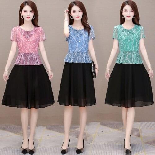 L-5XL Knee-Length Summer A-Line Chiffon Plus Size Fashion Slim Vintage Green Pink Blue Cocktail Dresses Mother Party Dress 9339