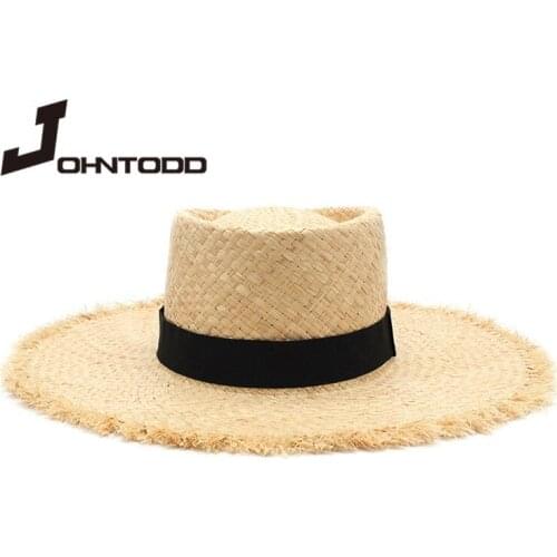 New ladies raffia hat with elegant bow Korean style straw hat women flat top panama hat UV protection summer vacation hat cap