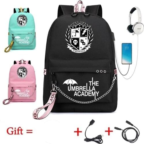 The Umbrella Academy USB Backpack Women Men Teenager School Bag Women USB Travel Rucksack Large Mochila Escolar With Chain