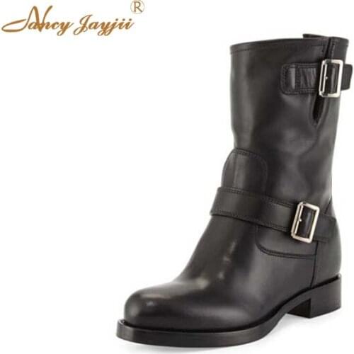 Retro Black Bupperstar Womens handmade leather Buckle Mid-Calf Shoes Low Heeled Round Toe Autumn Rubber Boots Botas Piel Mujer