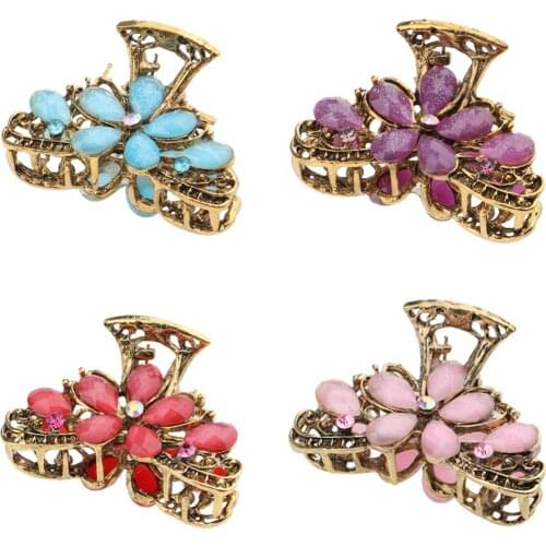 Women Metal Vintage Flower Hair Claw Clamps Crystal Hair Clip Accessories