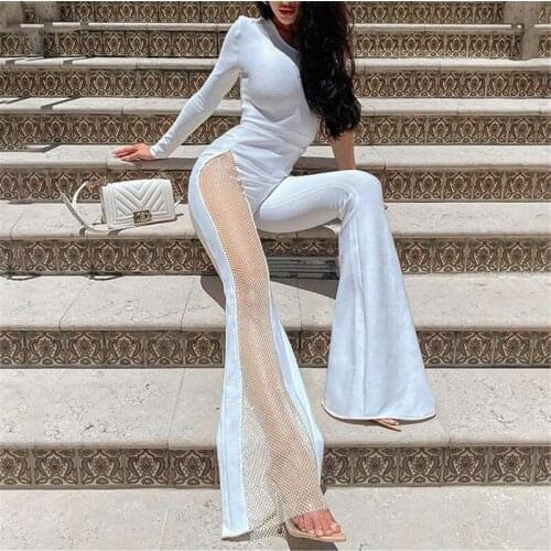 Autumn 2021 Solid Black White One Shoulder Full-Sleeved Jumpsuit Women Mesh Patchwork Wide Leg Bodycon Romper Ladies Overalls