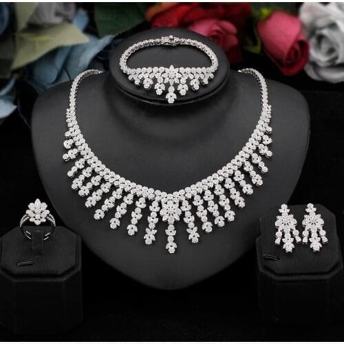 Fashion Brand Women Wedding Jewelry Set All Studded With Cubic Zirconia Beautiful Bridal 4 PCS Sets Necklace Ring