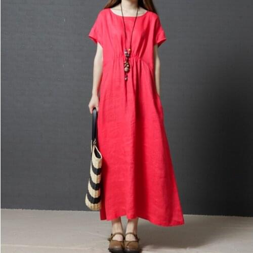 Cotton linen long dress fashion casual short sleeve loose large size M-7XL O Neck slim vintage dress 2020 new summer red black