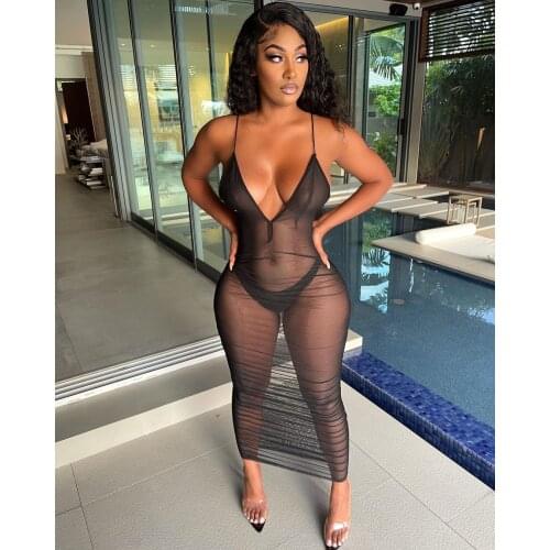 2021 Best Quality Famous Brand Mesh Dress Transparent Spaghetti Strap Summer Sexy Night Club Maxi Dress Vestidos