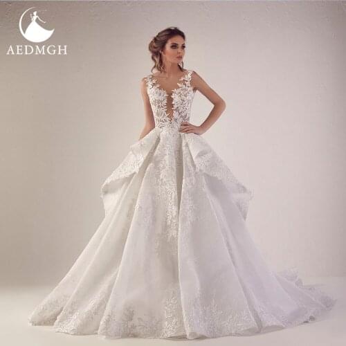 Aedmgh Ball Gown Ruffles Wedding Dresses 2021 Sweetheart Sleeveless Fashion Vestido De Novia Lace Applique Backless Bride Dress