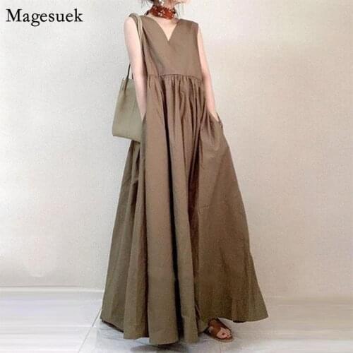Summer Loose Dress Woman Sleeveless Pleated Casual Dresses Women Korean V Neck A Line Solid High Waist Lady Dress Vestido 15818