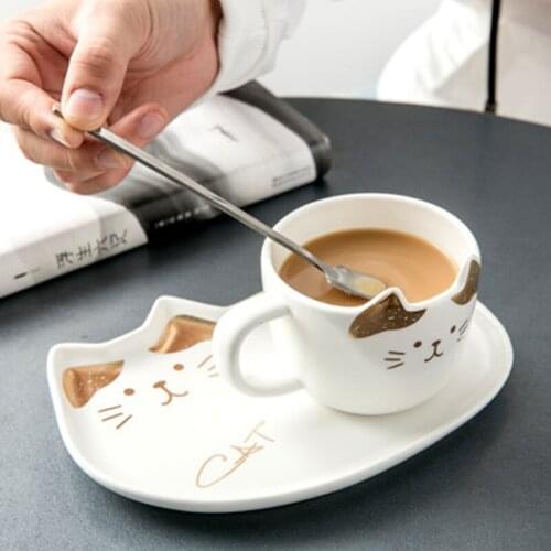1Pcs Cute Cat Ceramics Coffee Mug Set Handgrip Animal Mug With Tray Creative Drinkware Coffee Tea Cup Novelty Milk Cup Breakfast