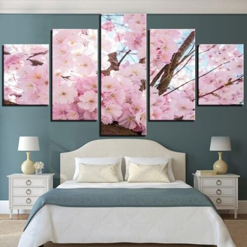 5 Pieces Flowers Canvas Posters Trees Plum Blossom Art Painting Plants Pink Pictures For Home Shop Decor Wallpapers Modern