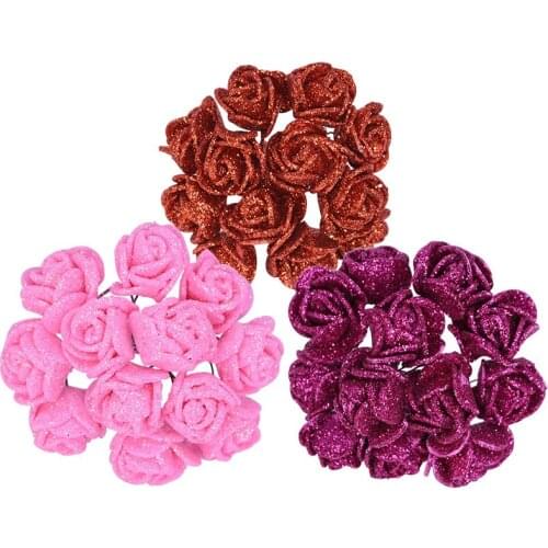 Mini 2cm Artificial Flower Glitter Rose Fake Flower DIY Wreath Craft Scrapbooking Home Decorative Wedding Party Decoration 72pcs