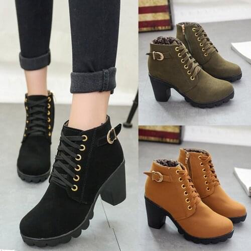 Boots Women Shoes Fashion Thick High Heel Lace Up Ankle Boots Ladies Buckle Artificial Leather Round Toe Martin Boots