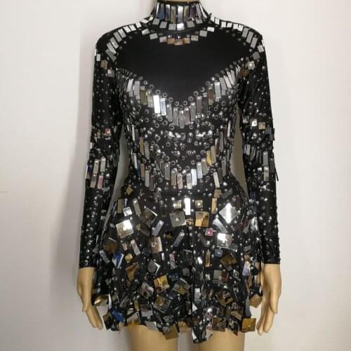 Black Sequins sparkling mirrors stones Dress sexy Nightclub Bar DJ DS costumes female singer prom Party performance one-piece