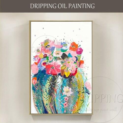 Skilled Artist Handmade High Quality Colorful Cactus Oil Painting on Canvas Green Plants Cactus Oil Painting for Living Room