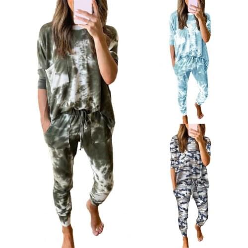 Women Stylish Casual Pants Suit Printed Pockets Loose Printed Two Pieces Suit for Sports Streetwear Daily