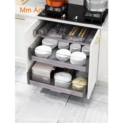 Cookware Drawer Basket of Dishes Tempered Glass Storage Flat Basket Buffer Drawer Tool Cart