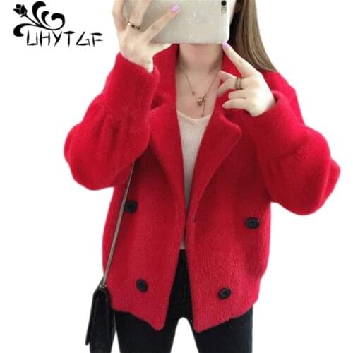 UHYTGF Mink Fleece Autumn Winter Jacket Women Fashion Lapel Double-Breasted Casual Warm Coat Cardigan Female Short Outerwear1413
