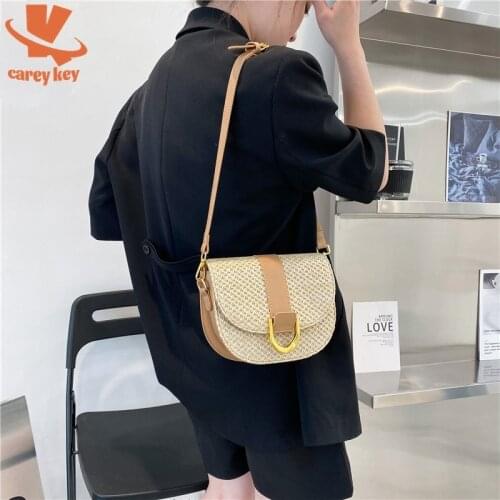 CAREY KEY Fashion Straw Saddle Bag Woman Handbag 2021 Summer New Semicircle Rattan Shoulder Bags Travel Beach Messenger Bag