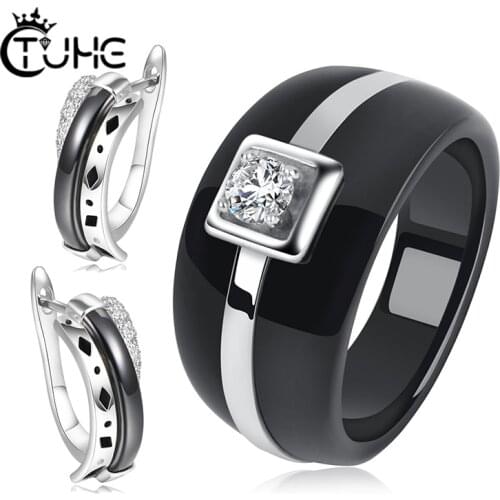 New Fashion Jewelry Sets For Women Accessory Healthy Ceramic Cubic Zircon Crystal Rings Stud Earrings Set Gift