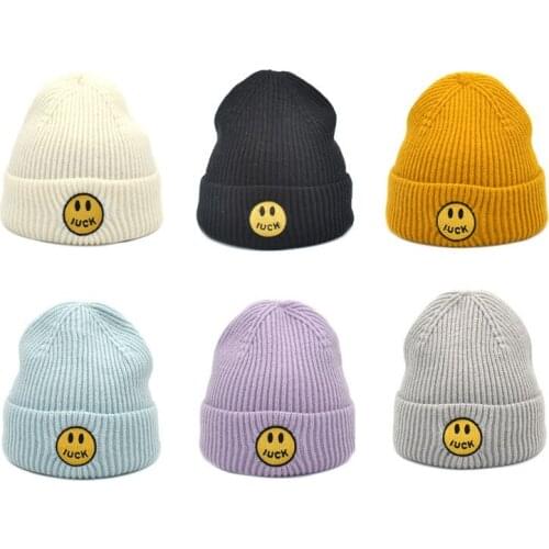 2021 New Autumn And Winter Warm Mens Womens Knitted Hat Brim Beanie Pure Color Smiley Embroidered Hip-Hop Wool Hat