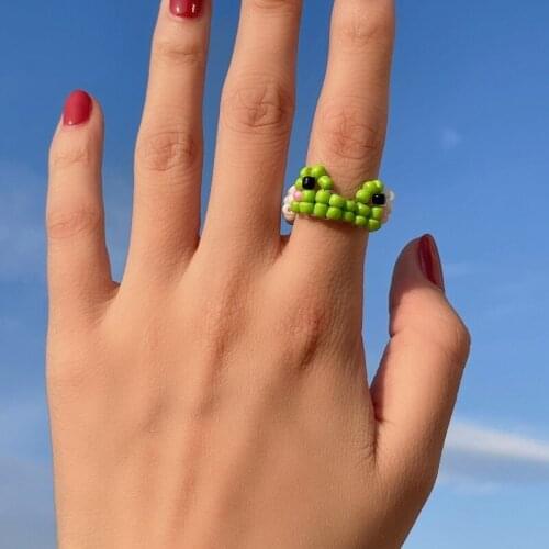 New Transparent Resin Handmade Beaded Frog Shaped Rings Colourful Elastic Chain Rings for Women Girls Sweet Cute Jewelry Party