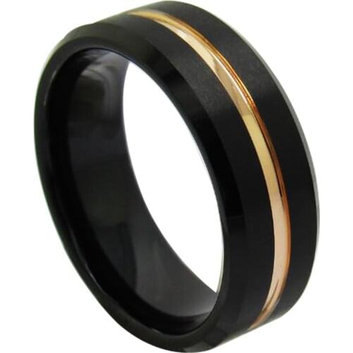 New Arrival Mens 8mm Width Black Tungsten Carbide Rings Rose Gold Plated Intermediate Groove Wedding Band Comfort Fit Size 6-13