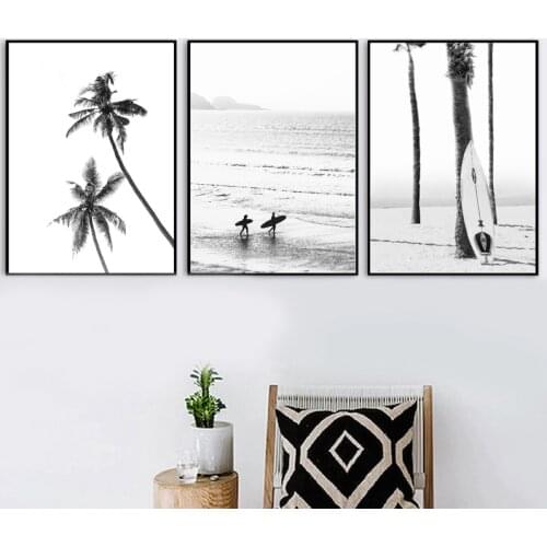 Black And White Surfing Landscape Posters And Prints Sea Wave Surfboard Palm Tree Canvas Painting Aesthetic Wall Art Pictures