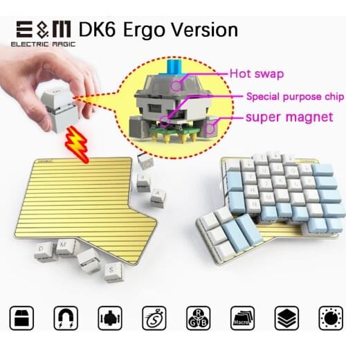 DK6 Ergo Hot Swapable Magnetic Movable Macro Key Programmable RGB Backlight Mechanical Keyboard Games Cherry MX Kaih Box Switch