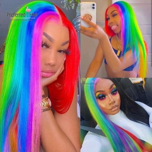 Preferred Rainbow Color Red Blue Green Highlight Wig Brazilian Remy Straight Lace Front Wig Ombre Human Hair Wigs For Women