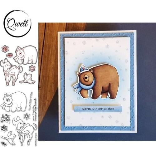 QWELL Cutting Dies & Clear Stamps Combos Reindeer Bear Bird Snowflake Hello Winter Pattern 2021 New DIY Scrapbooking Album Craft